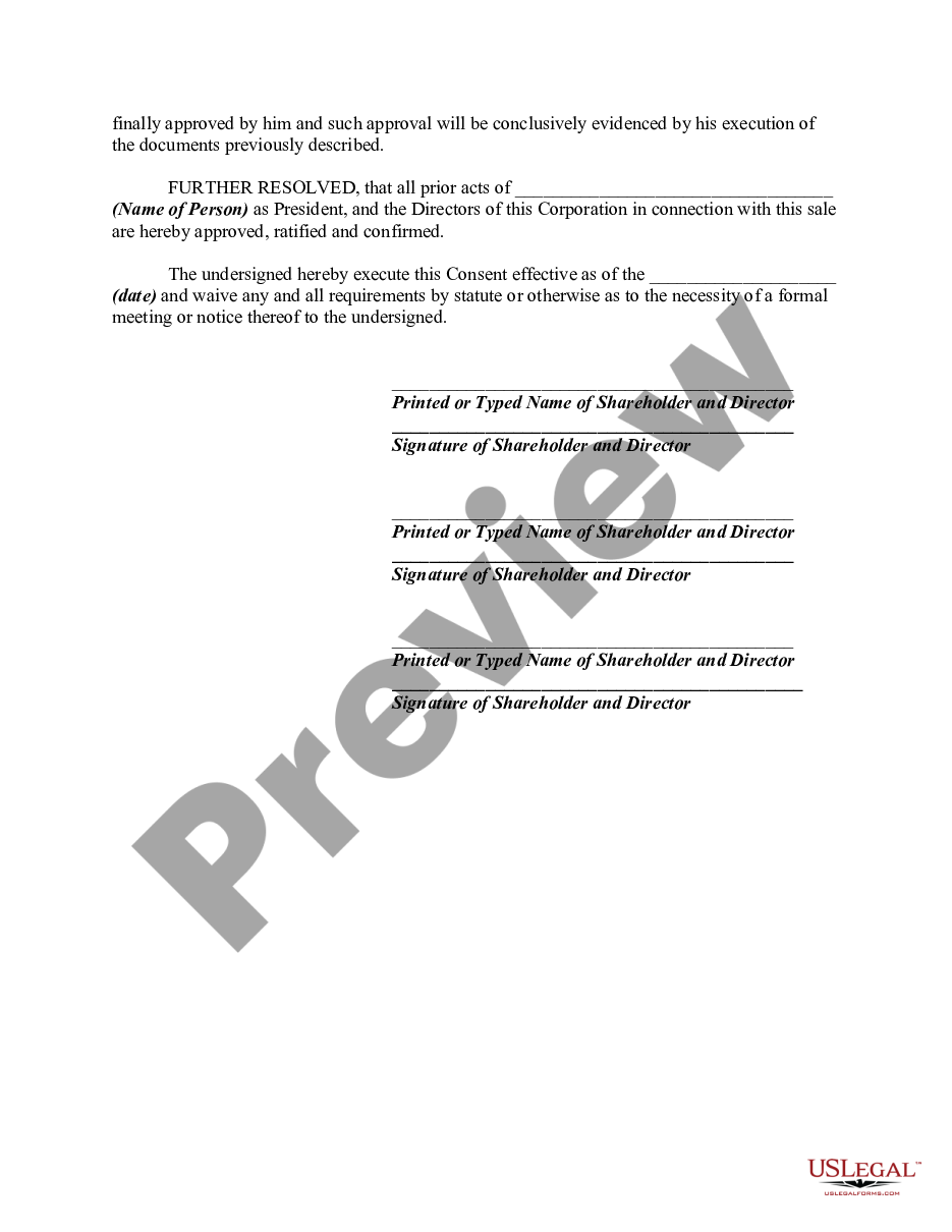 page 1 Unanimous Written Consent by Shareholders and the Board of Directors Electing a New Director and Authorizing the Sale of All or Substantially of the Assets of a Corporation preview