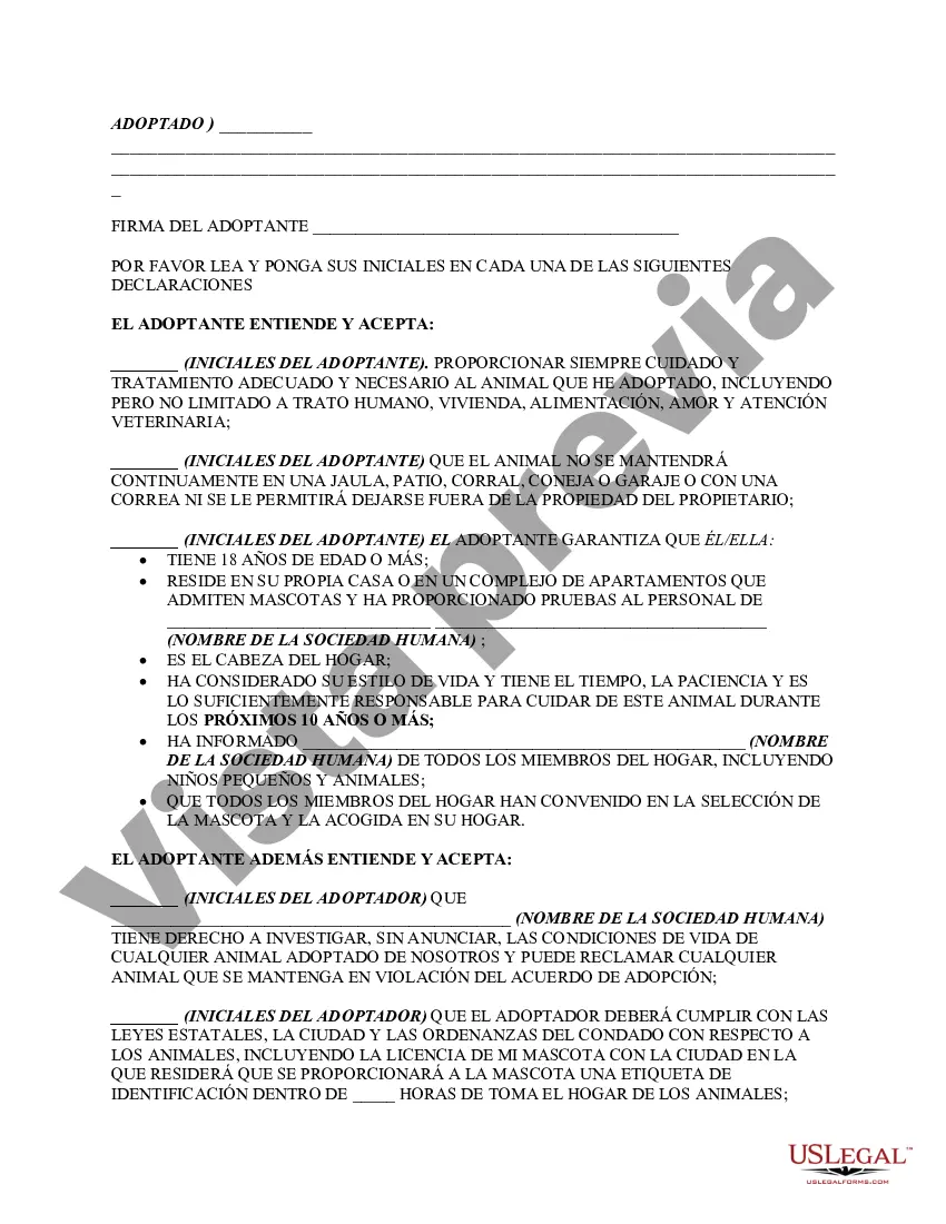 Preview Acuerdo de adopción de Humane Society con renuncia, liberación, asunción de riesgo y acuerdo de indemnización