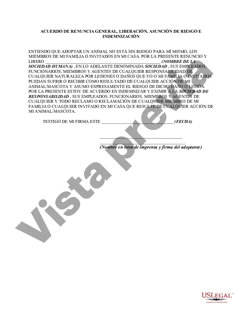 Preview Acuerdo de adopción de Humane Society con renuncia, liberación, asunción de riesgo y acuerdo de indemnización