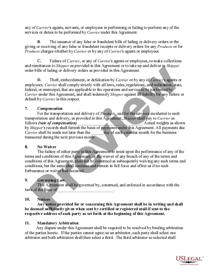Get Agreement between Shipper and Carrier - Trucking Company to Transport Products Preview Agreement between Shipper and Carrier - Trucking Company to Transport Products