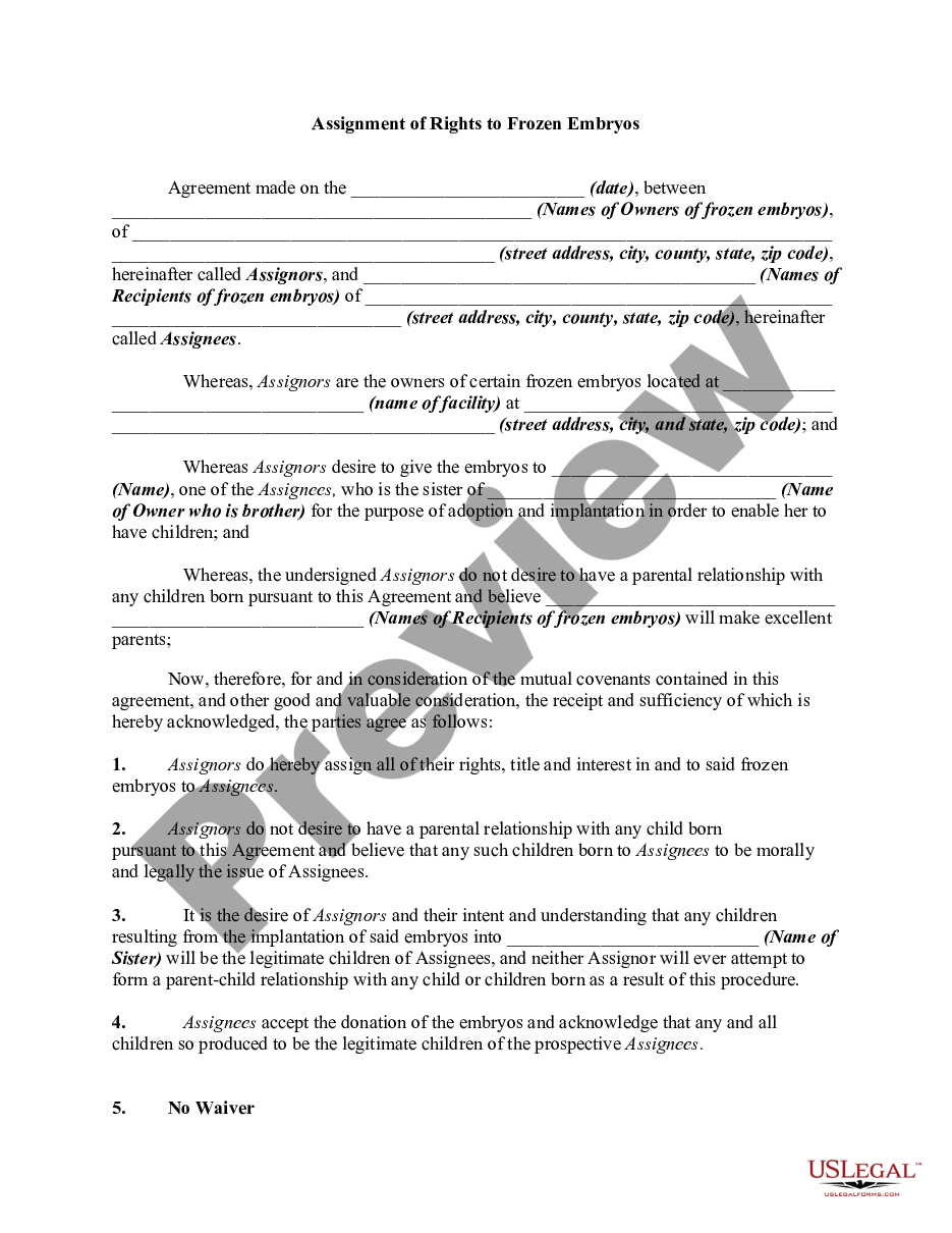 page 0 Assignment of Rights to Frozen Embryos preview