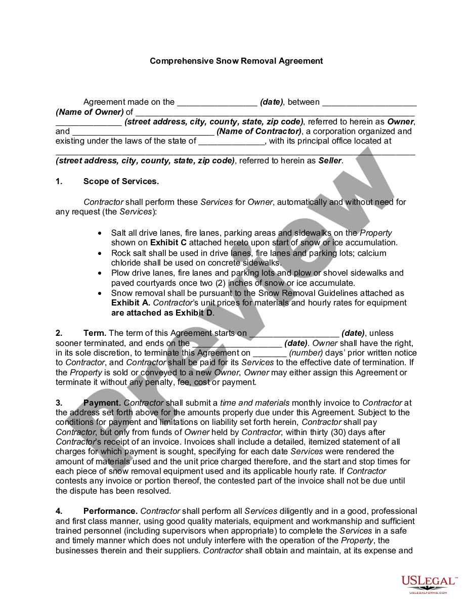 page 0 Comprehensive Snow Removal Agreement - Self-Employed  preview