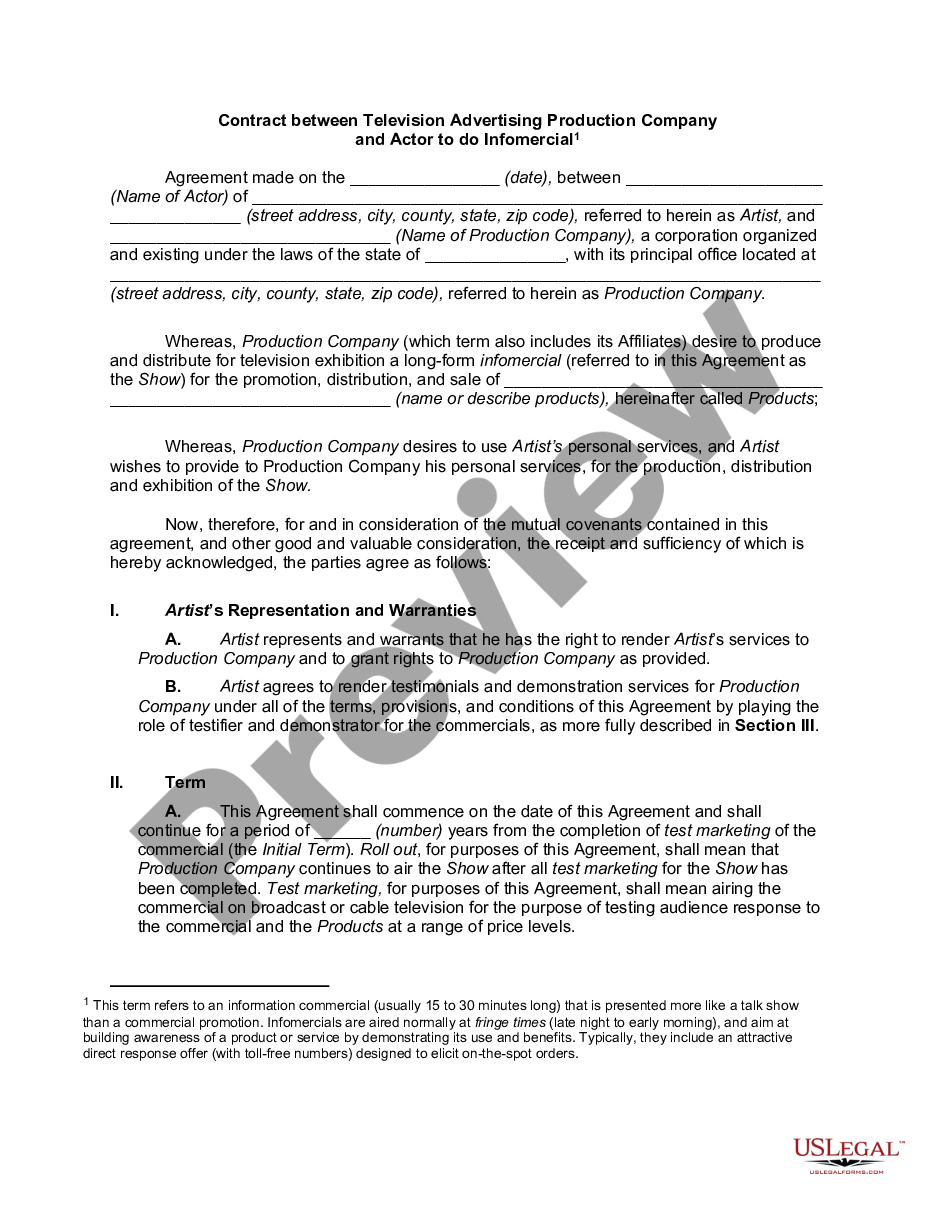page 0 Contract between Television Advertising Production Company and Actor to do Infomercial preview