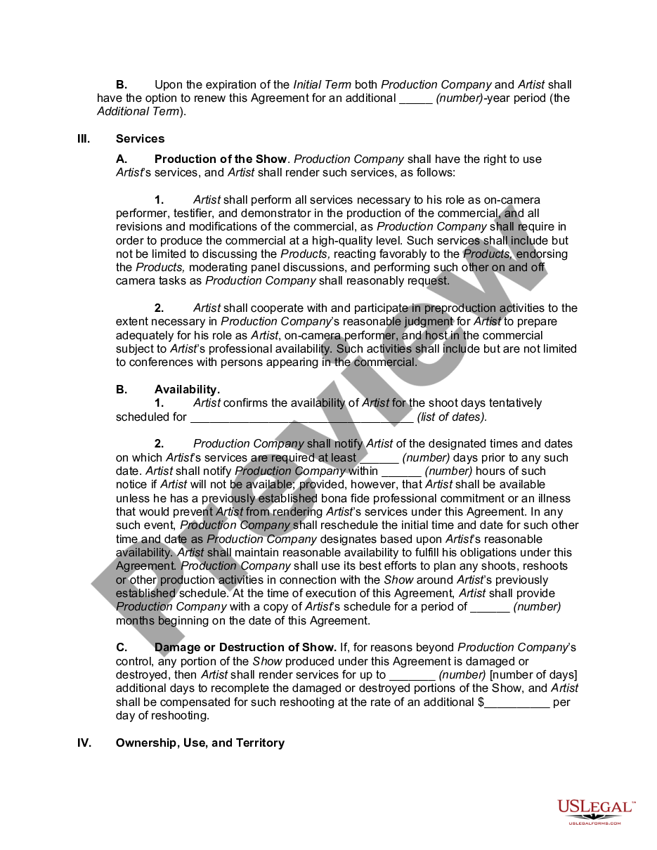 page 1 Contract between Television Advertising Production Company and Actor to do Infomercial preview