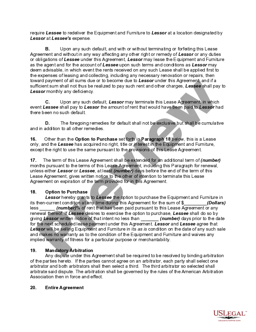 Get Personal Property Lease or Rental Agreement of Equipment and Furniture with Option to Purchase and Own - Lease or Rent to Own Preview Personal Property Lease or Rental Agreement of Equipment and Furniture with Option to Purchase and Own - Lease or Rent to Own