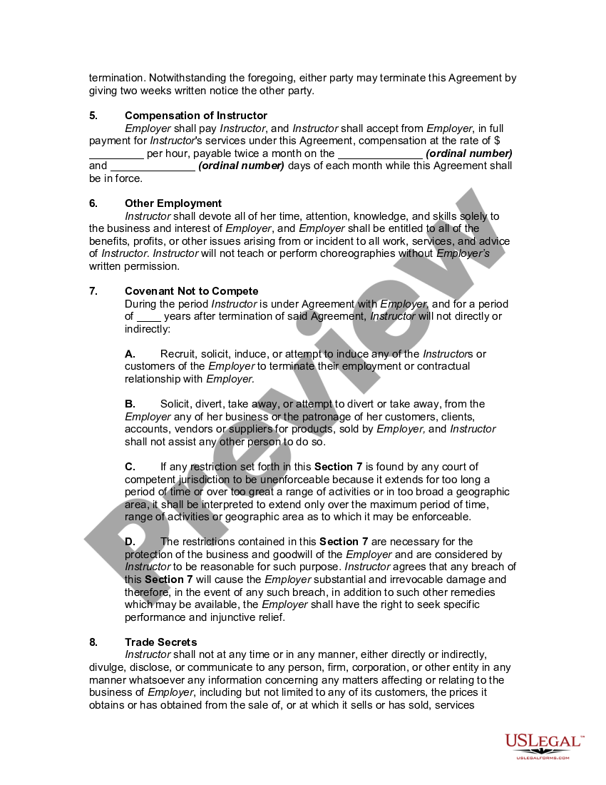 Guam Employment Agreement of Belly Dance Instructor with Dance Studio