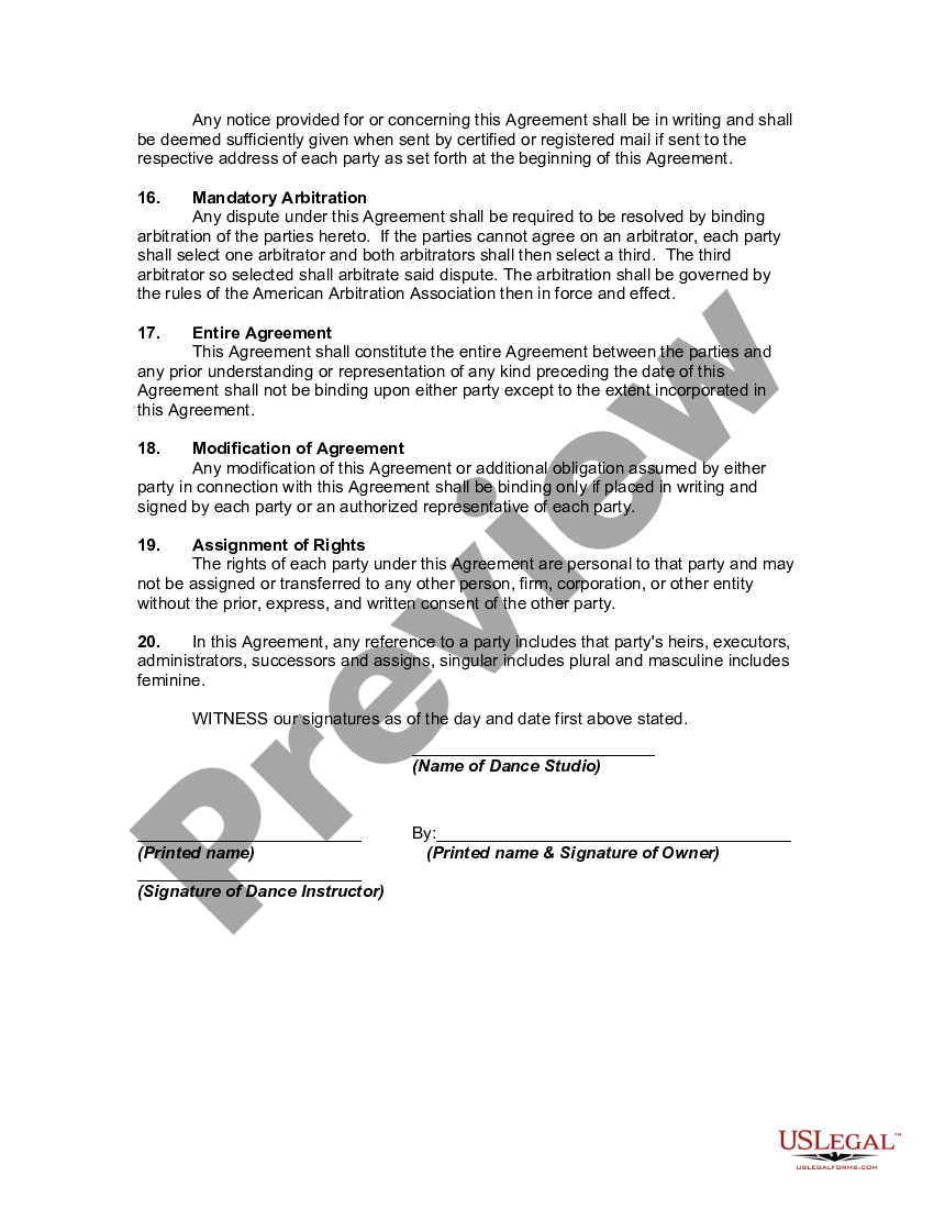 Maryland Employment Agreement of Belly Dance Instructor with Dance