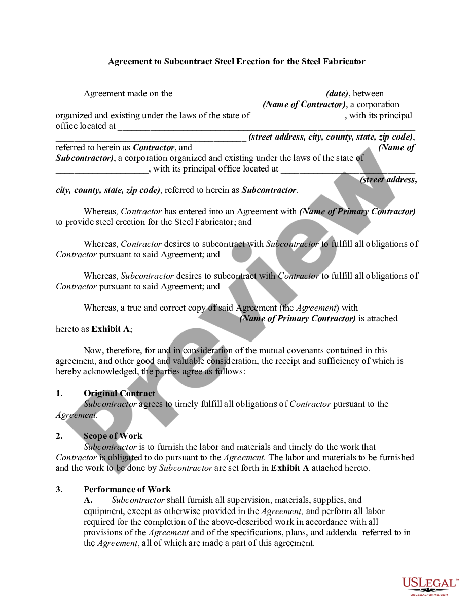 page 0 Agreement to Subcontract Steel Erection for the Steel Fabricator preview