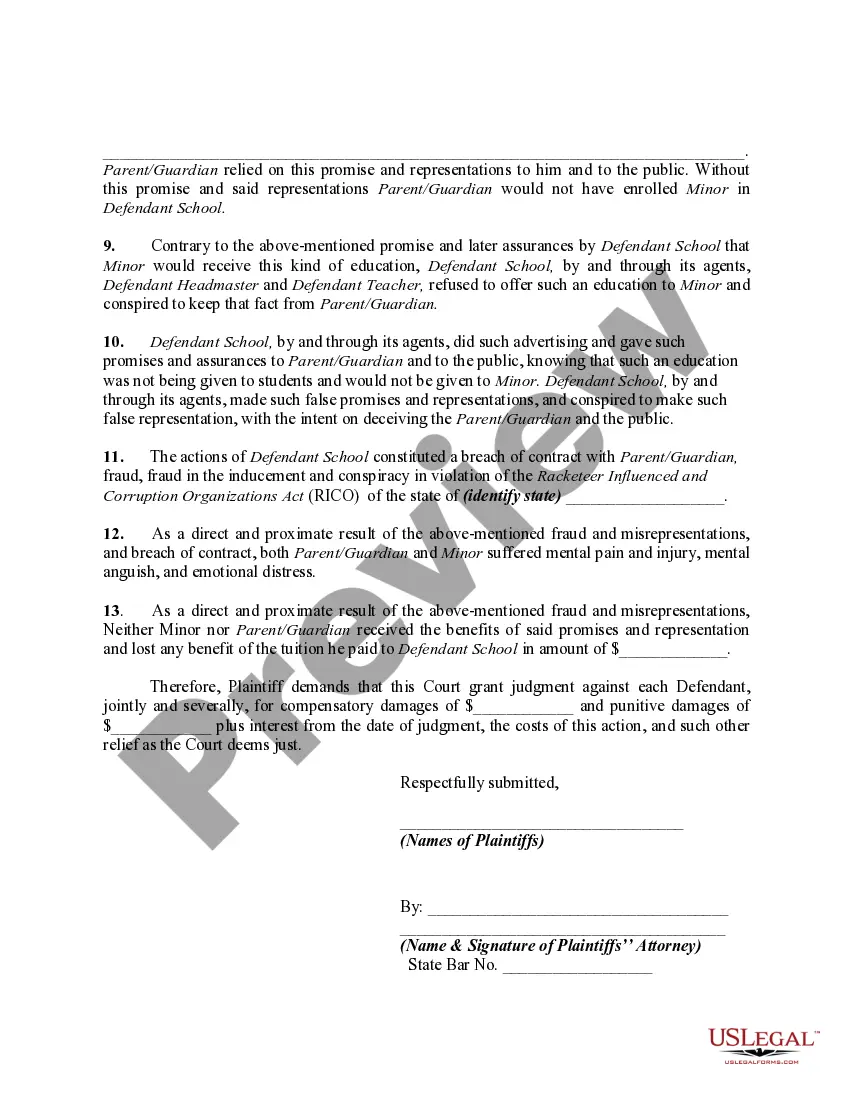 Get Complaint for Damages Against Private School and Others by Guardians of Minor for Fraud, Breach of Contract, and Conspiracy Preview Complaint for Damages Against Private School and Others by Guardians of Minor for Fraud, Breach of Contract, and Conspiracy