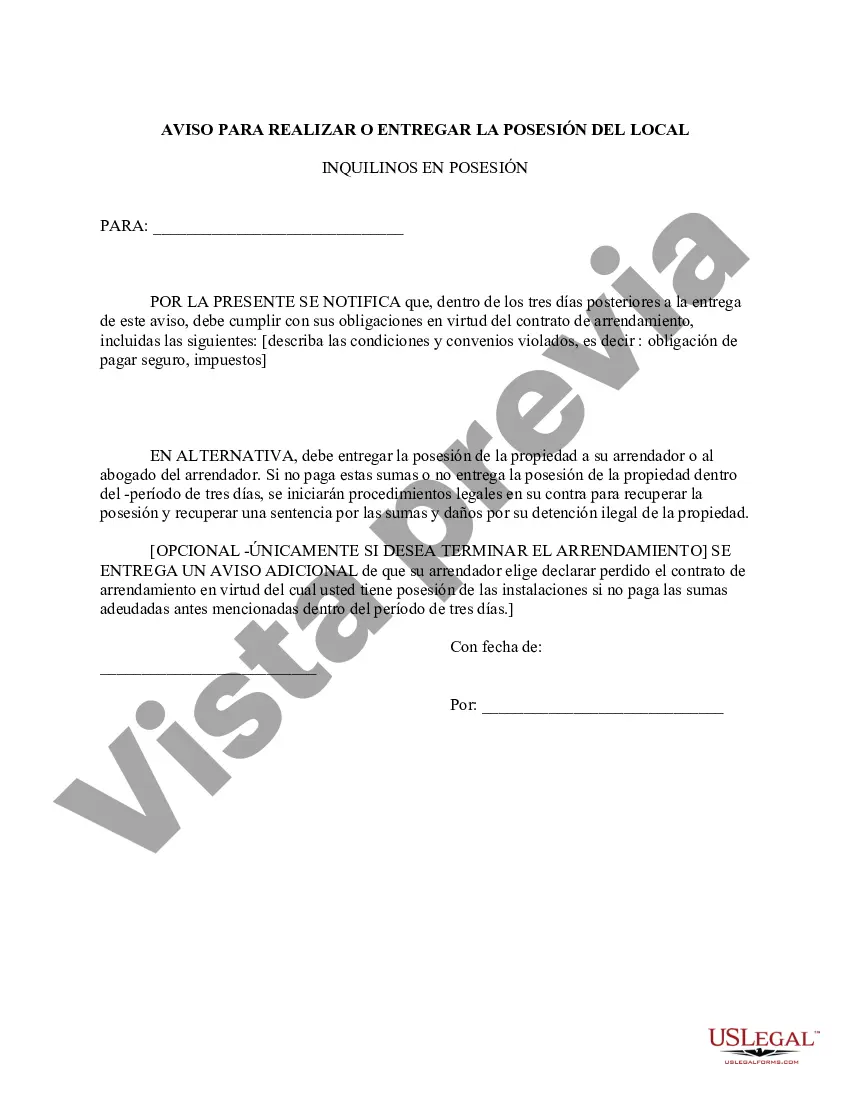 Preview Aviso para realizar o entregar la posesión del local