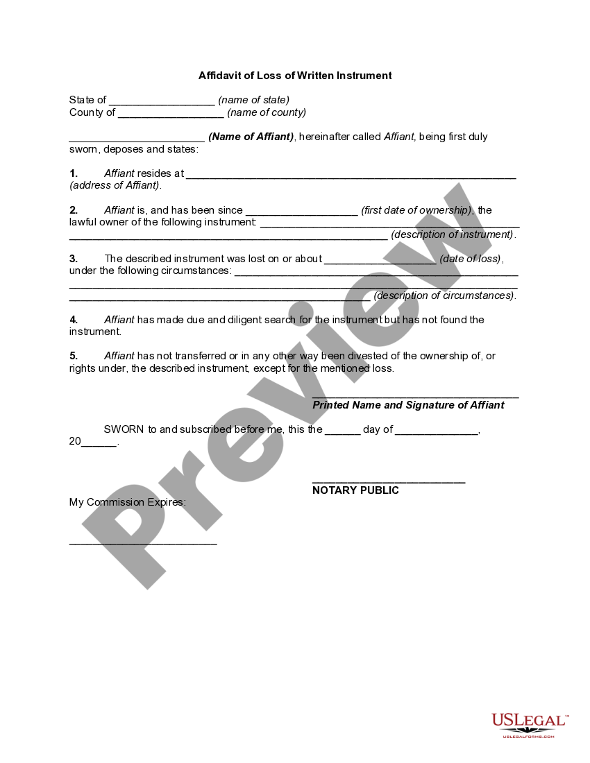 Utah Affidavit of Loss of Written Instrument Affidavit Loss Written US Legal Forms