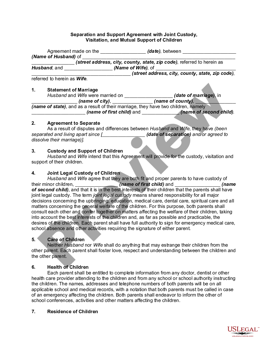 page 0 Separation and Support Agreement with Joint Custody, Visitation, and Mutual Support of Children preview