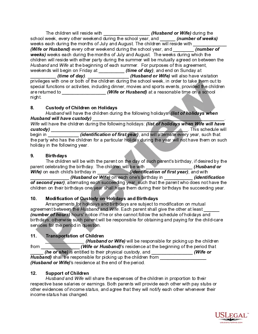 Get Separation and Support Agreement with Joint Custody, Visitation, and Mutual Support of Children Preview Separation and Support Agreement with Joint Custody, Visitation, and Mutual Support of Children