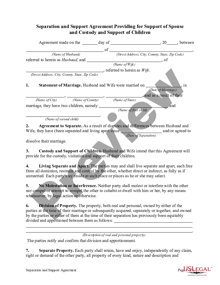 Separation And Support Agreement Providing For Support Of Spouse And Custody And Support Of 2126