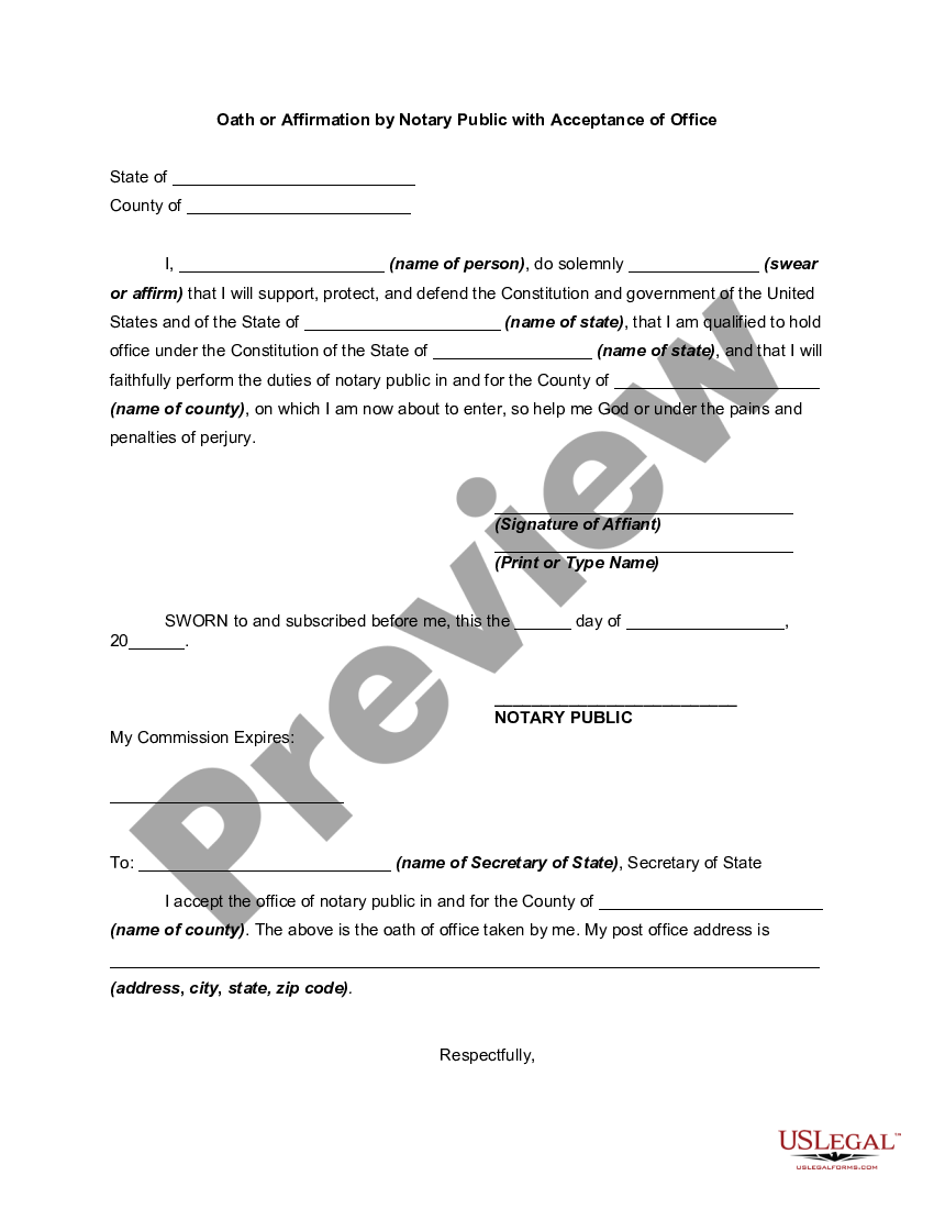 Oath or Affirmation by Notary Public with Acceptance of Office Notary