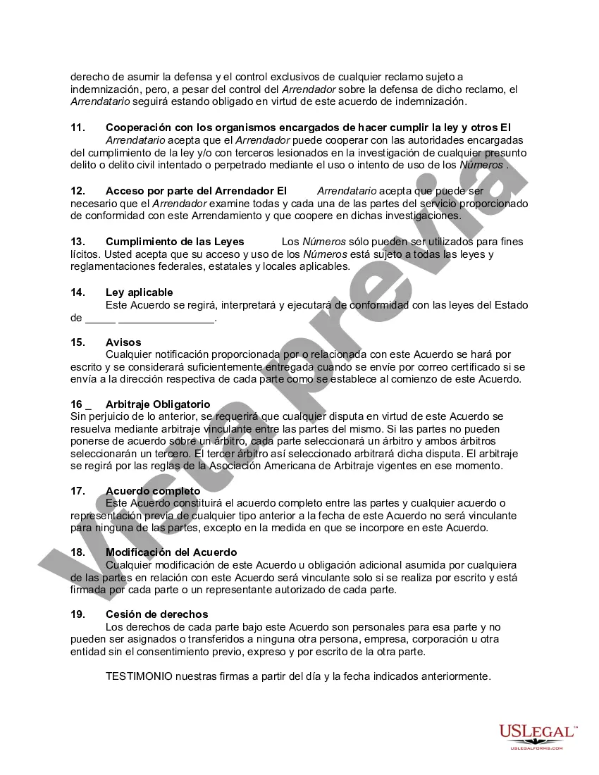 Preview Acuerdo para alquilar números gratuitos para generar contactos de modificación de préstamos