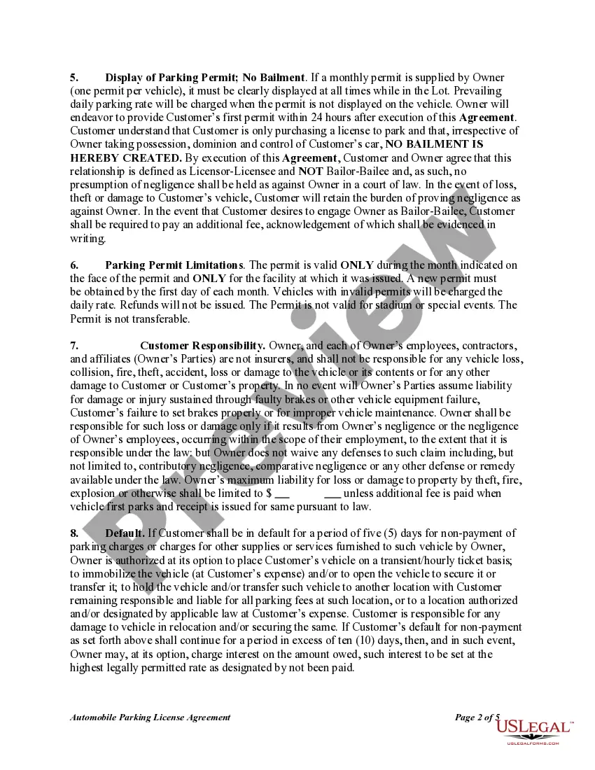 Get Automobile Parking License Agreement Preview Automobile Parking License Agreement