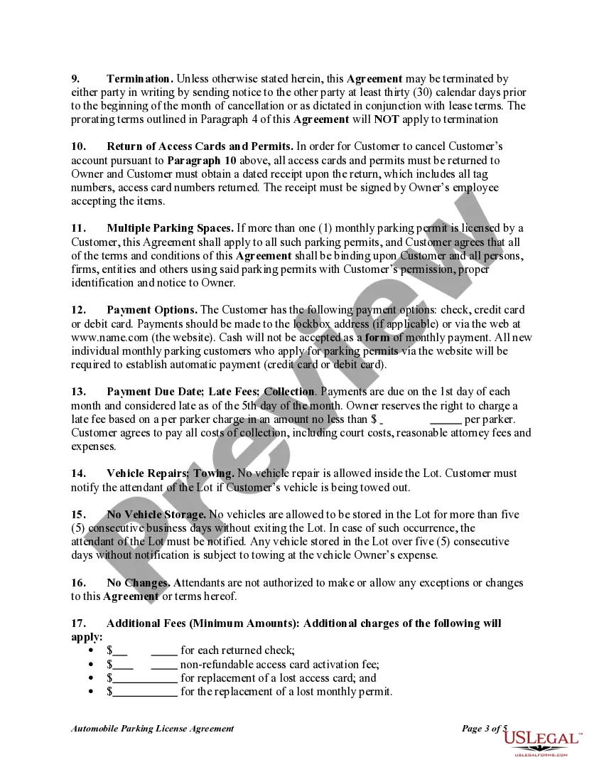 Get Automobile Parking License Agreement Preview Automobile Parking License Agreement