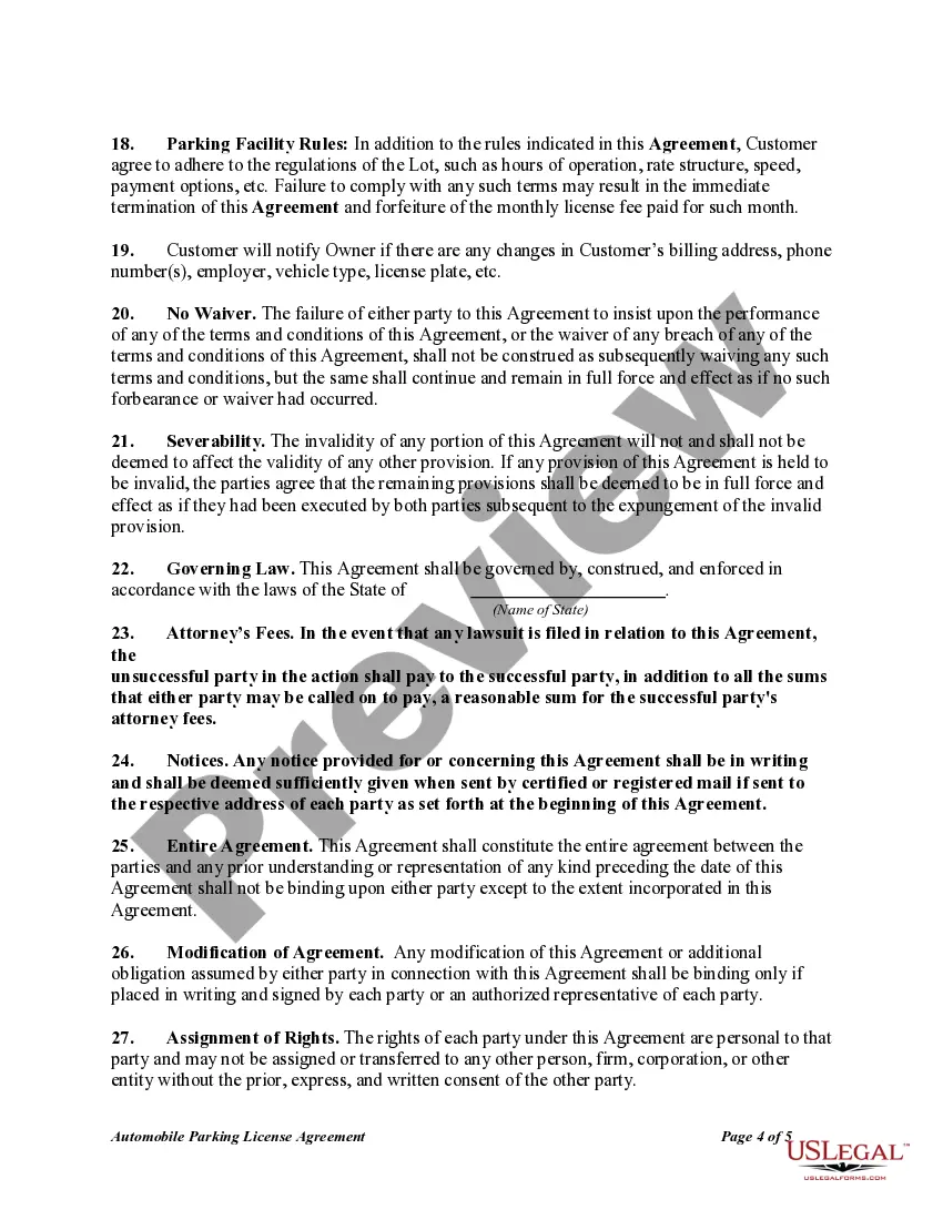 Get Automobile Parking License Agreement Preview Automobile Parking License Agreement
