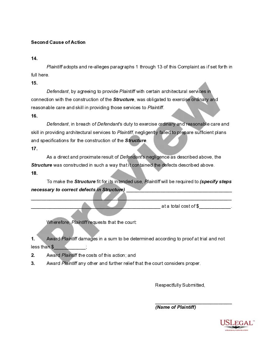Get Suit Against Architect for Malpractice Due to Negligent Design of Structure Preview Suit Against Architect for Malpractice Due to Negligent Design of Structure