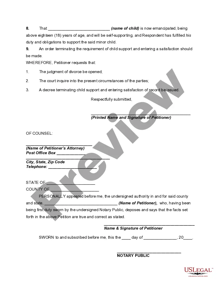 Get Petition to Modify or Amend Divorce Decree Stopping Child Support on the Grounds that Respondent Interfered with Visitation Rights and Child is Now an Adult Preview Petition to Modify or Amend Divorce Decree Stopping Child Support on the Grounds that Respondent Interfered with Visitation Rights and Child is Now an Adult