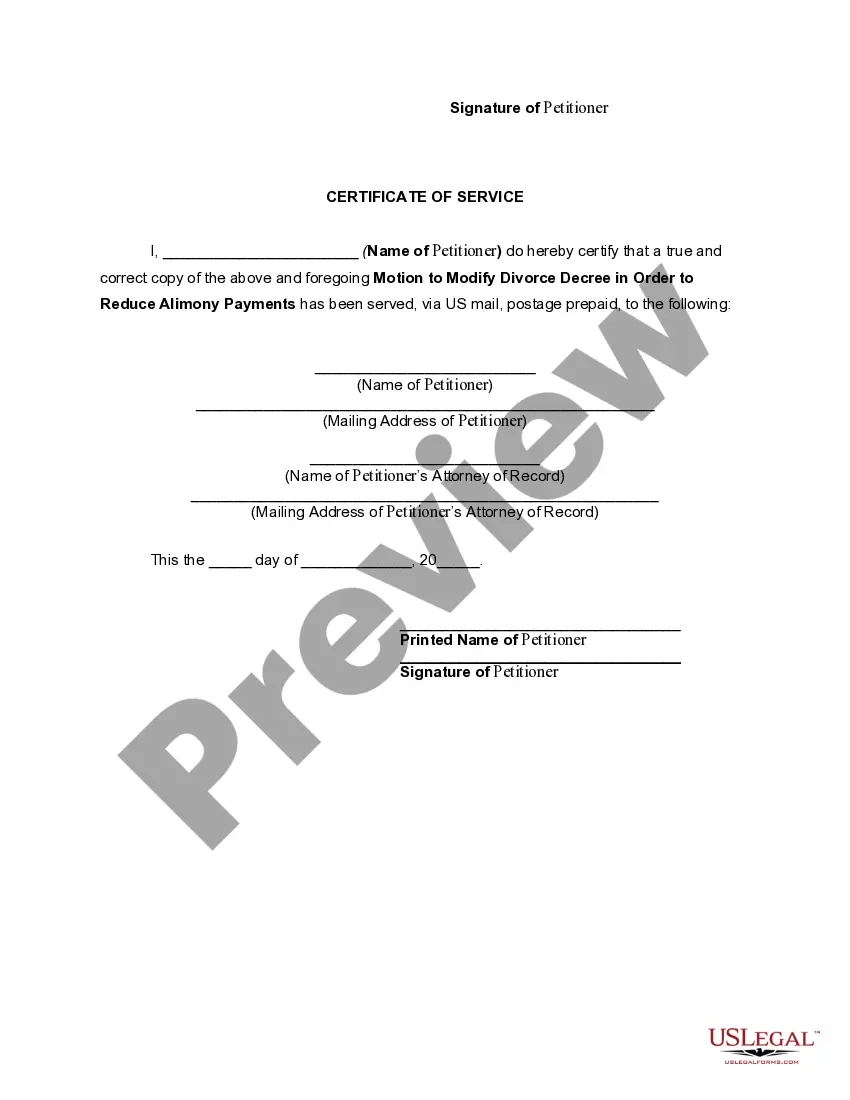 Get Motion to Modify or Amend Divorce Decree to Provide for Reduction in Alimony Due to Involuntary Termination of Job or Employment Preview Motion to Modify or Amend Divorce Decree to Provide for Reduction in Alimony Due to Involuntary Termination of Job or Employment