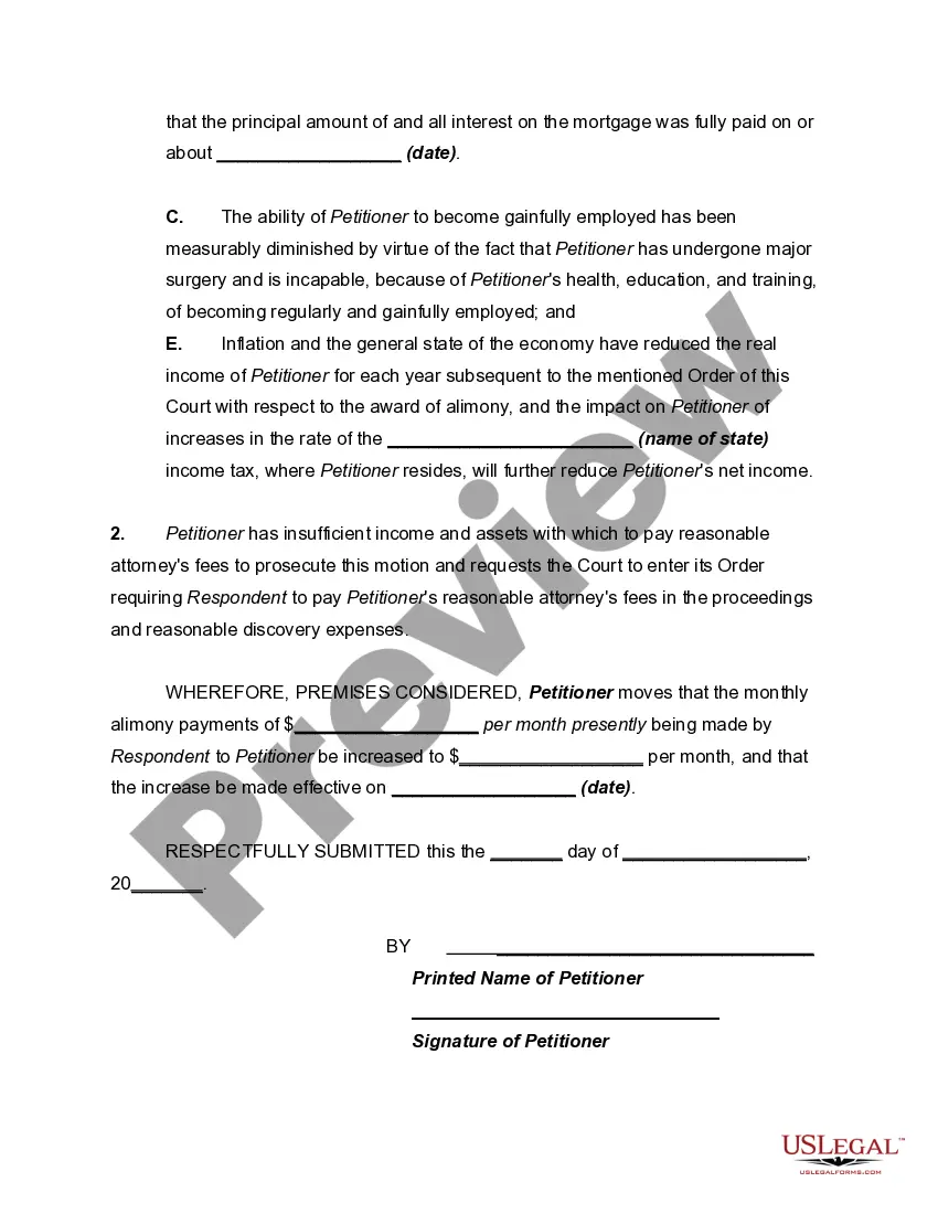 Preview Motion By Petitioner Spouse to Increase Alimony Payments due to Changed Financial Circumstances of Respondent Spouse