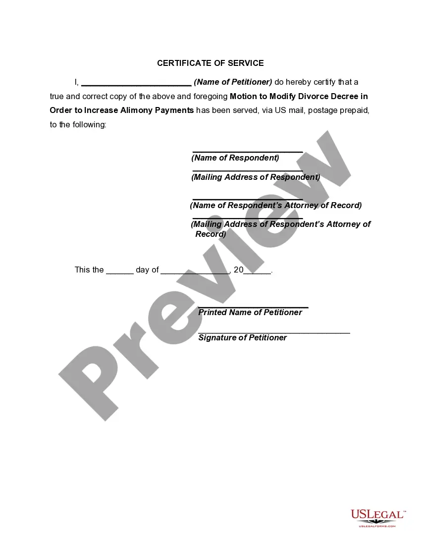 Preview Motion By Petitioner Spouse to Increase Alimony Payments due to Changed Financial Circumstances of Respondent Spouse