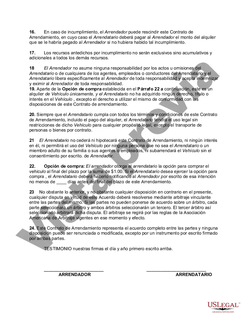 Preview Contrato de Arrendamiento o Renta Personal de Automóvil con Opción de Compra y Posesión al Final del Plazo por un Precio de $1.00 - Venta de Auto - Renta con Opción a Compra