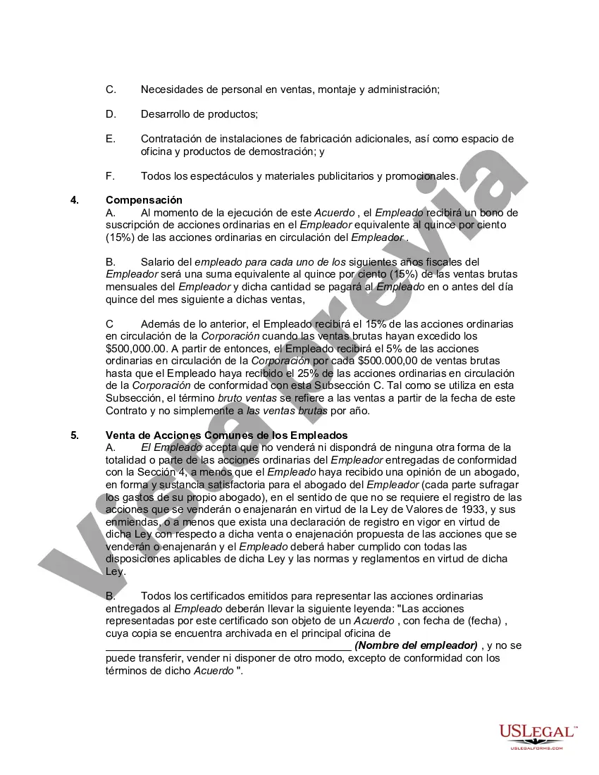 Preview Contrato de Trabajo con Comisión Ejecutiva Receptora de Salario Más Acciones Ordinarias con Derecho a Negarse a Comprar Acciones de Otros Accionistas en Close Corporation