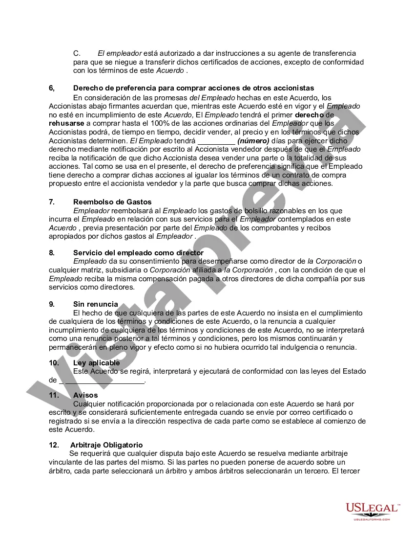 Preview Contrato de Trabajo con Comisión Ejecutiva Receptora de Salario Más Acciones Ordinarias con Derecho a Negarse a Comprar Acciones de Otros Accionistas en Close Corporation