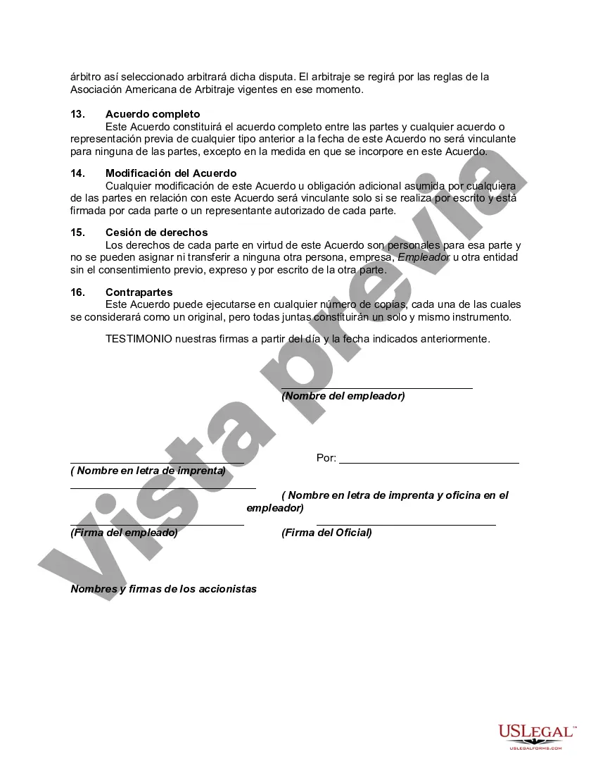 Preview Contrato de Trabajo con Comisión Ejecutiva Receptora de Salario Más Acciones Ordinarias con Derecho a Negarse a Comprar Acciones de Otros Accionistas en Close Corporation