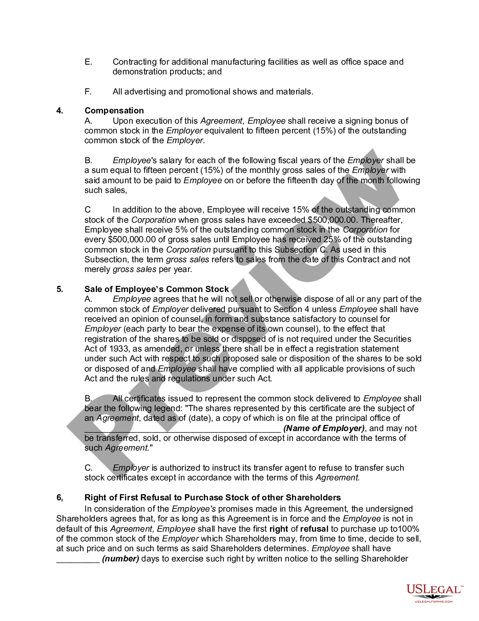 page 1 Employment Contract with Executive Receiving Commission Salary Plus Common Stock With Right of Refusal to Purchase Shares of Other Shareholders in Close Corporation preview