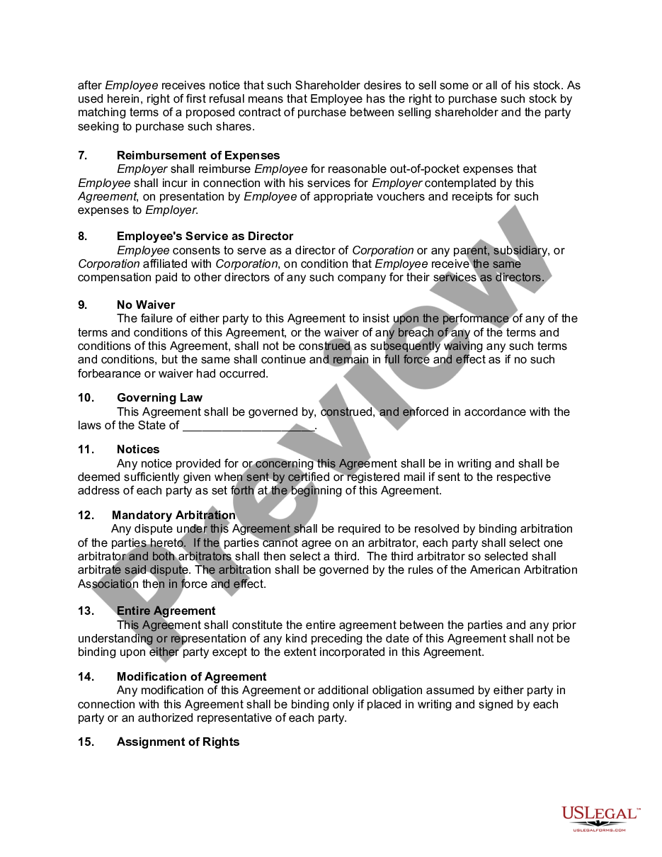 page 2 Employment Contract with Executive Receiving Commission Salary Plus Common Stock With Right of Refusal to Purchase Shares of Other Shareholders in Close Corporation preview