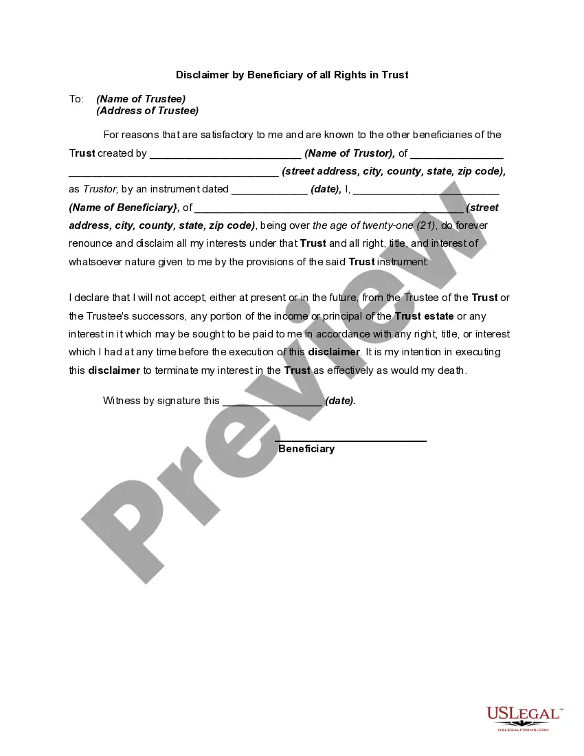Get Disclaimer by Beneficiary of all Rights in Trust Preview Disclaimer by Beneficiary of all Rights in Trust