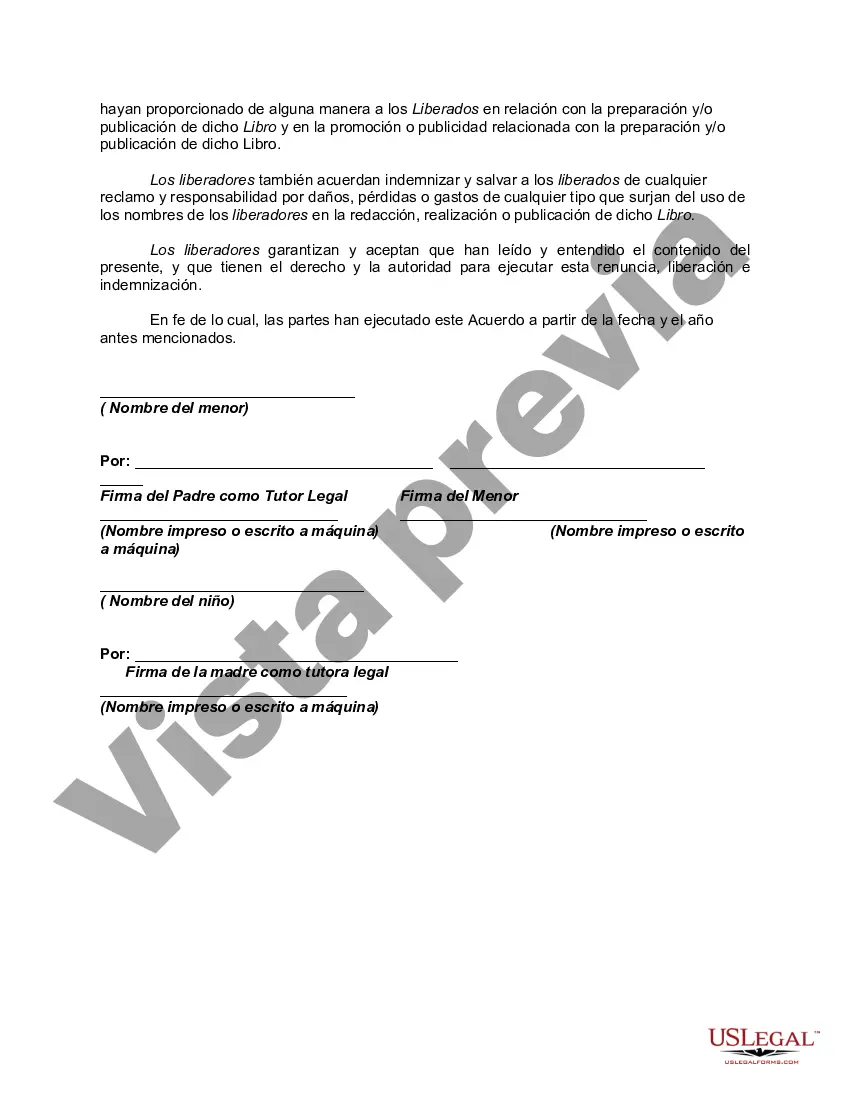 Get Renuncia, liberación y autorización para usar el nombre del menor en un libro que se publicará como parte del proyecto escolar Preview Renuncia, liberación y autorización para usar el nombre del menor en un libro que se publicará como parte del proyecto escolar