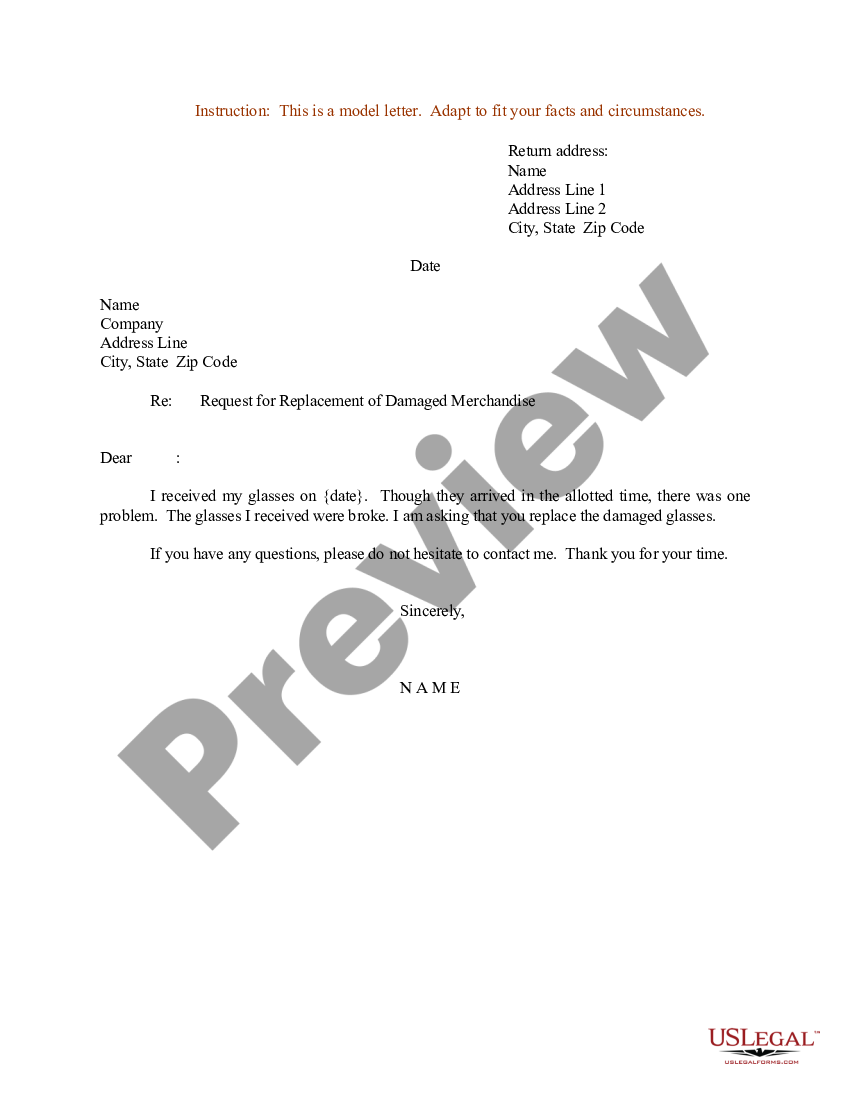 Ohio Sample Letter For Request For Replacement Of Damaged Merchandise 