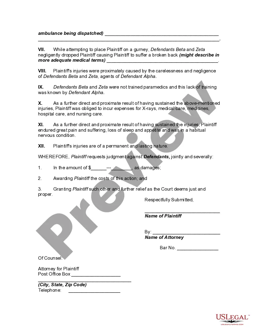 Preview Complaint for Negligence by Ambulance Company in Dropping Patient While Transferring Patient to Gurney