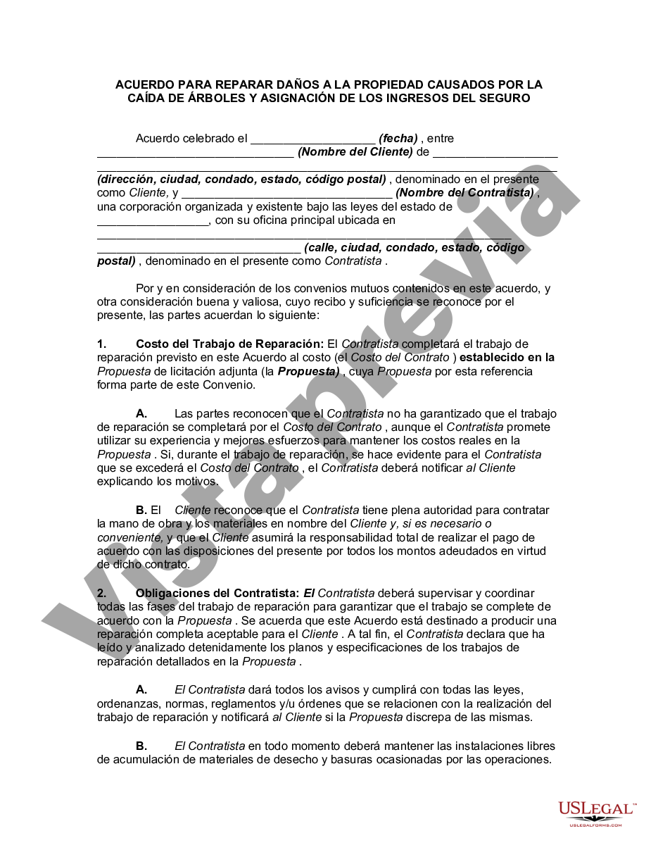 Broward Florida Acuerdo para Reparar Daños a la Propiedad Causados por la  Caída de Árboles y Cesión del Producto del Seguro - Acuerdo Reparar | US  Legal Forms