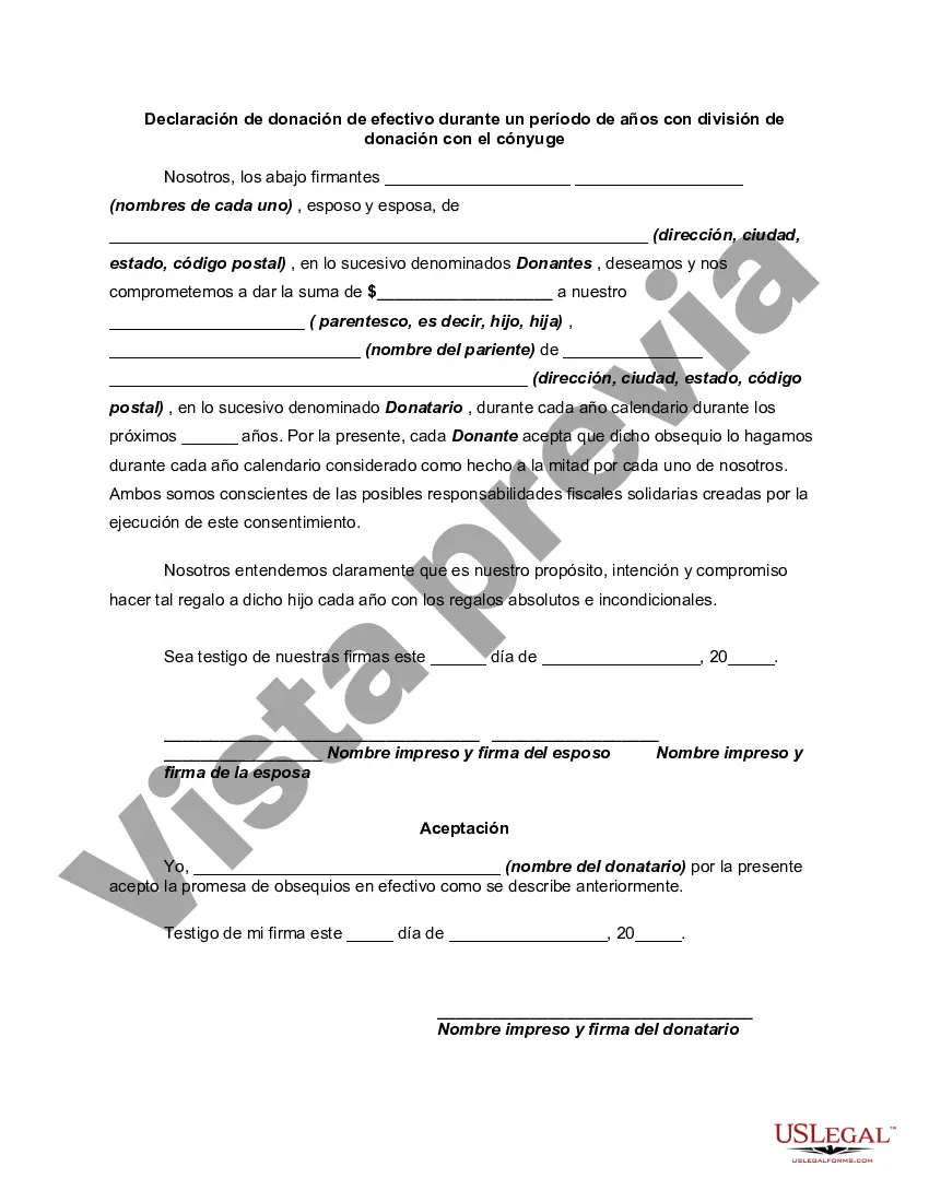 Preview Declaración de donación de efectivo durante un período de años con división de donación con el cónyuge