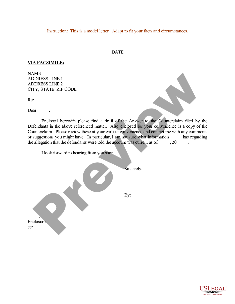 form Sample Letter regarding Answer to a Counterclaim preview