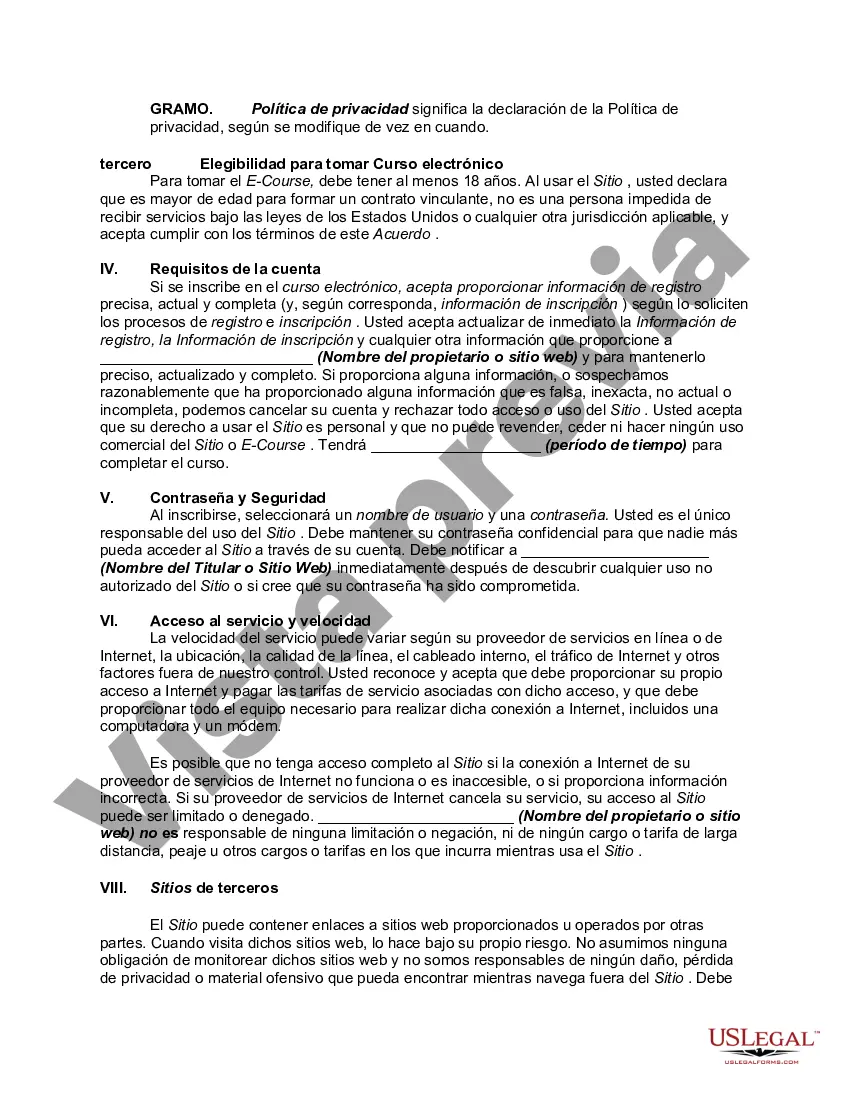 Get Acuerdo de usuario de suscripción al sitio web - Términos de uso para la política de privacidad del curso electrónico de venta en línea del sitio web Preview Acuerdo de usuario de suscripción al sitio web - Términos de uso para la política de privacidad del curso electrónico de venta en línea del sitio web