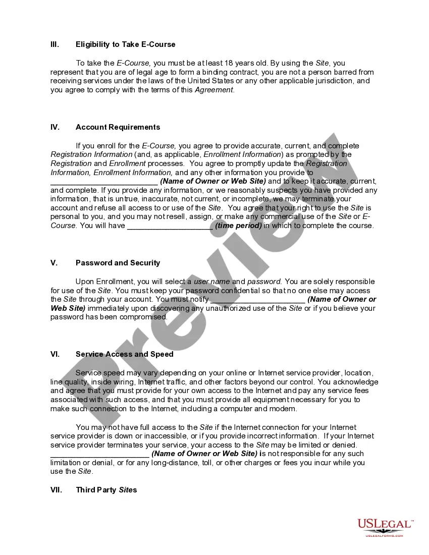 Get Website Subscription User Agreement - Terms of Use for Website Selling Online E-Course Privacy Policy Preview Website Subscription User Agreement - Terms of Use for Website Selling Online E-Course Privacy Policy