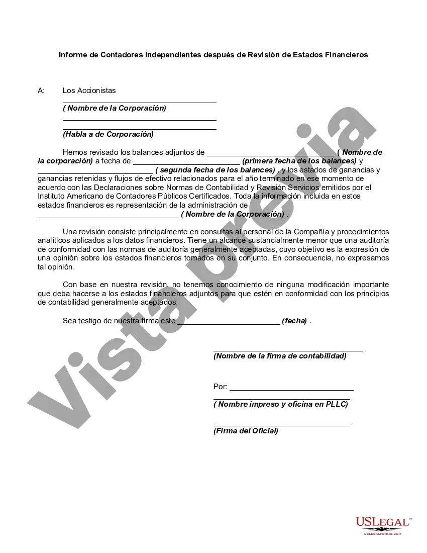 Preview Informe de Contadores Independientes después de Revisión de Estados Financieros