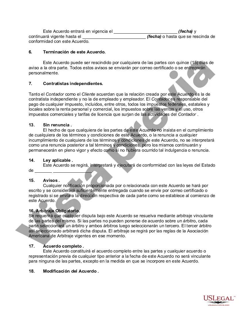 Preview Acuerdo de consultor general para asesorar al cliente en asuntos contables, fiscales y mantenimiento de registros