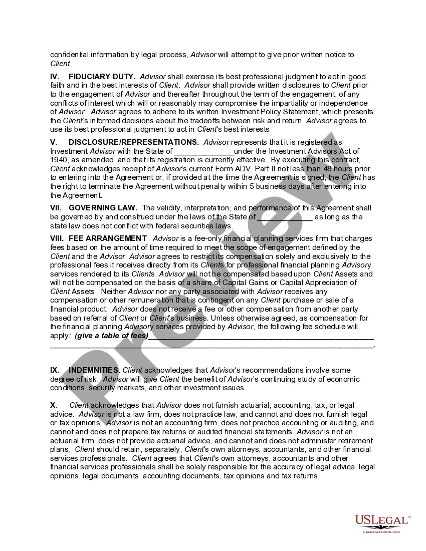 Preview Agreement to Provide Financial Planning Advisory Services
