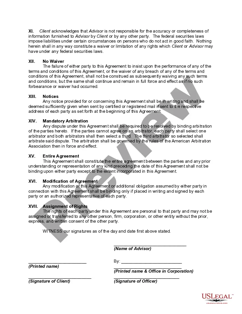 Preview Agreement to Provide Financial Planning Advisory Services