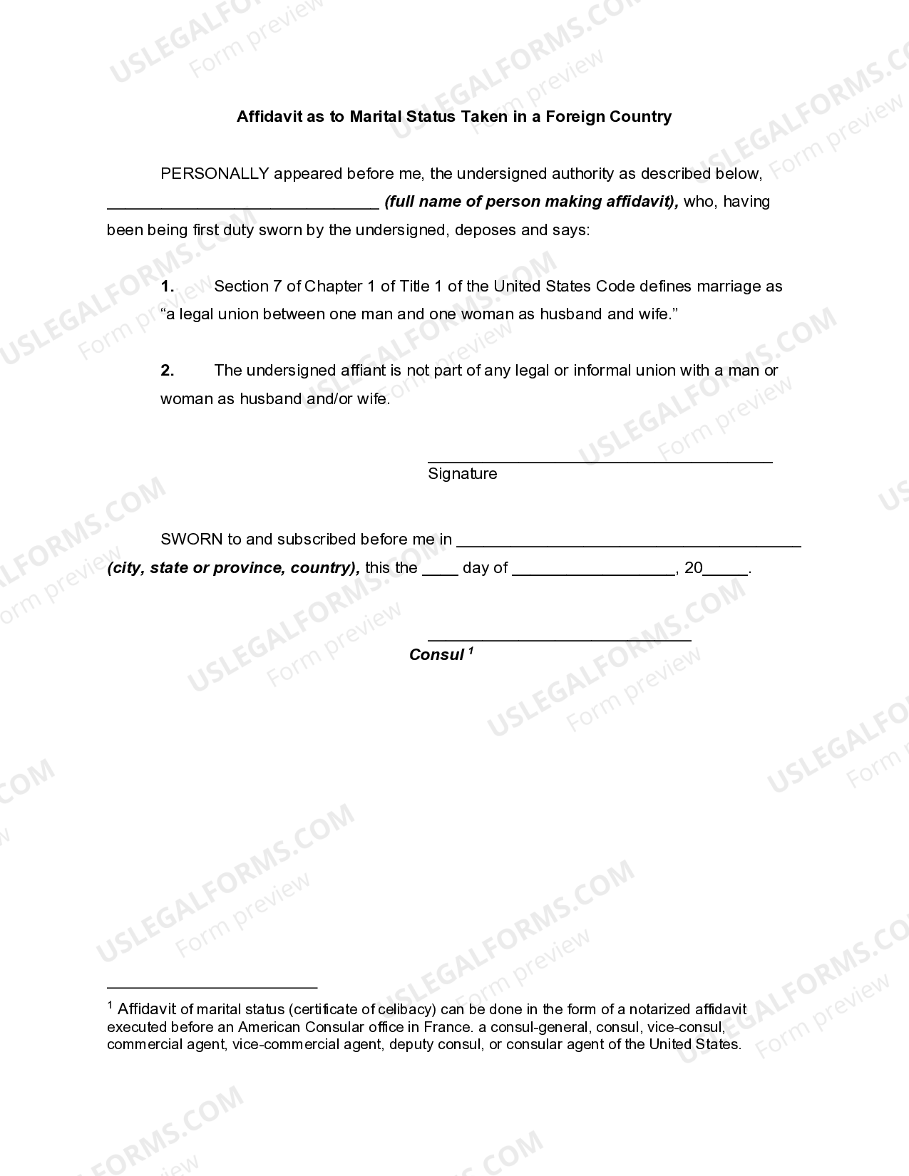 Sacramento California Affidavit as to Marital Status Taken in a Foreign