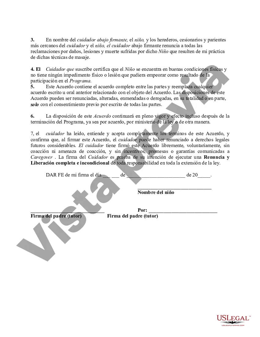 Preview Renuncia y liberación por parte del padre o tutor y del niño menor de edad de la responsabilidad resultante de la instrucción en masaje infantil