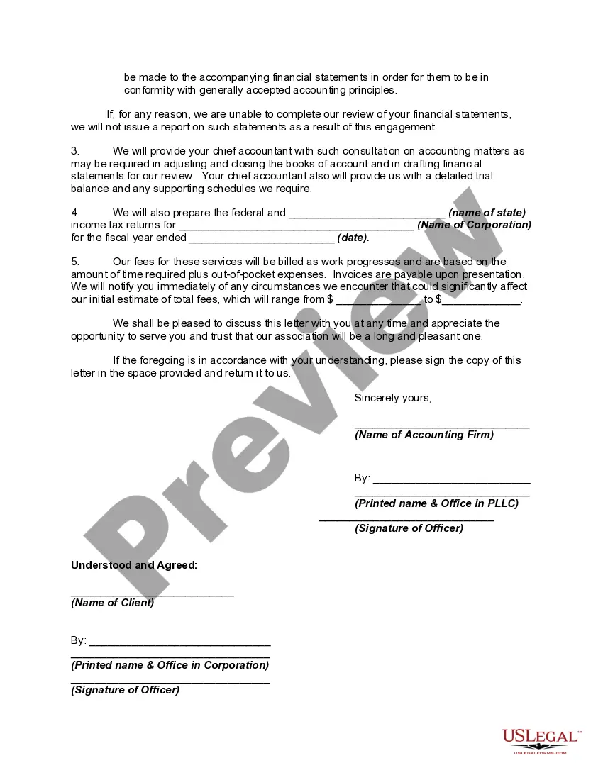 Preview Engagement Letter for Review by Accounting Firm with Form of Review Report